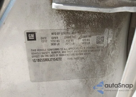 2018 Chevrolet Cruze Lt Auto z USA, uszkodzony, nr VIN 1G1BE5SMXJ7154272